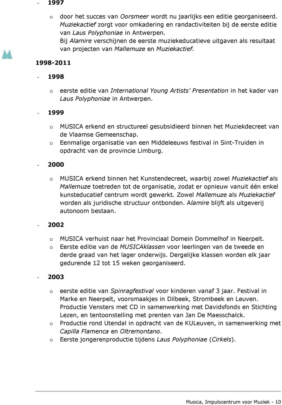1998-2011 - 1998 eerste editie van Internatinal Yung Artists Presentatin in het kader van Laus Plyphniae in Antwerpen.