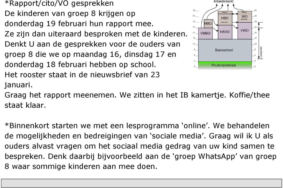 Graag het rapport meenemen. We zitten in het IB kamertje. Koffie/thee staat klaar. *Binnenkort starten we met een lesprogramma online.