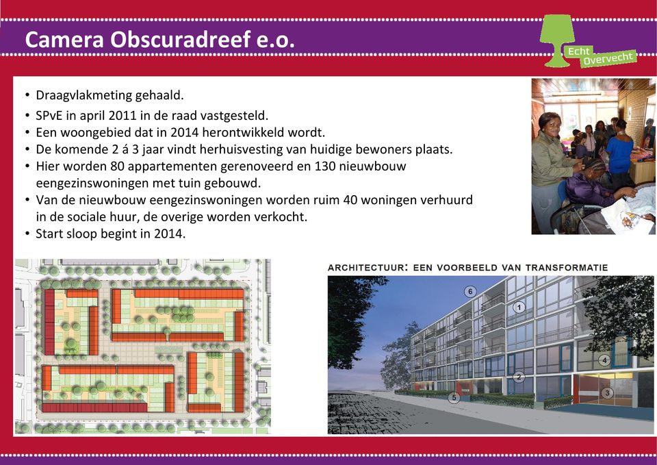 De komende 2 á 3 jaar vindt herhuisvesting van huidige bewoners plaats.