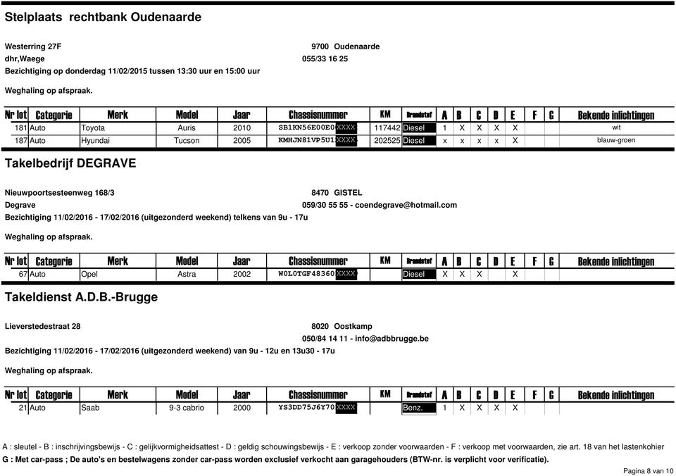 com Bezichtiging 11/02/2016 17/02/2016 (uitgezonderd weekend) telkens van 9u 17u 67 Auto Opel Astra 2002 W0L0TF4836012989 Diesel Takeldienst A.D.B.Brugge Lieverstedestraat 28 8020 Oostkamp 050/84 14 11 info@adbbrugge.