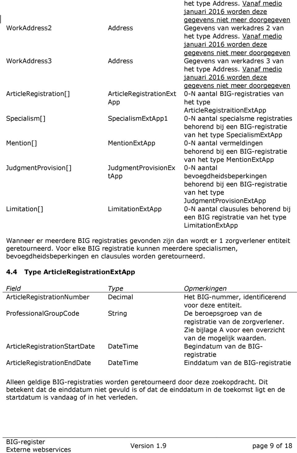 Vanaf medio januari 2016 worden deze gegevens niet meer doorgegeven ArticleRegistration[] ArticleRegistrationExt App 0-N aantal BIG-registraties van het type ArticleRegistraitionExtApp Specialism[]