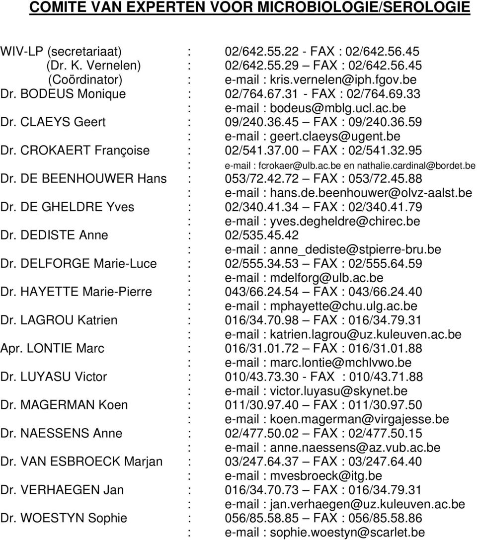 37.00 FAX : 02/54.32.95 : email : fcrokaer@ulb.ac.be en nathalie.cardinal@bordet.be Dr. DE BEENHOUWER Hans : 053/72.42.72 FAX : 053/72.45.88 : email : hans.de.beenhouwer@olvzaalst.be Dr. DE GHELDRE Yves : 02/340.