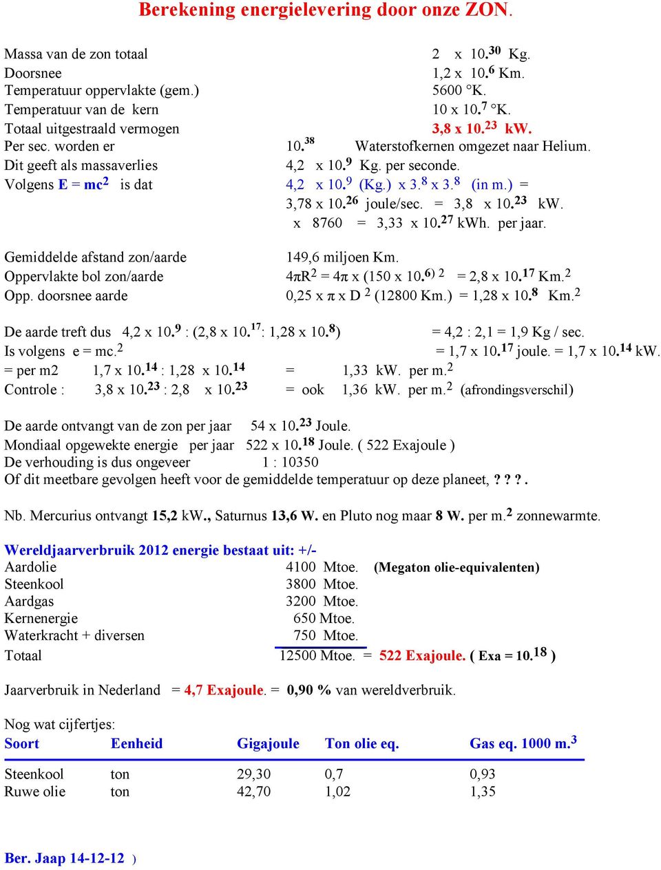 9 (Kg.) x 3. 8 x 3. 8 (in m.) = 3,78 x 10. 26 joule/sec. = 3,8 x 10. 23 kw. x 8760 = 3,33 x 10. 27 kwh. per jaar. Gemiddelde afstand zon/aarde 149,6 miljoen Km.