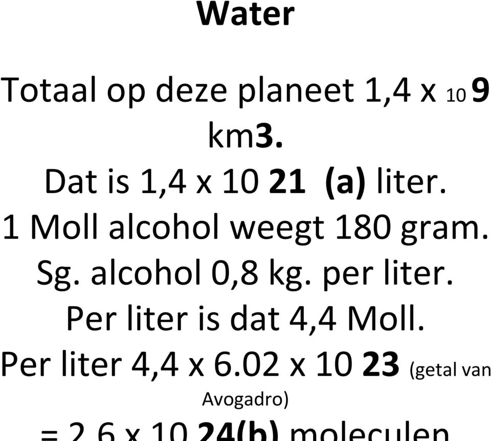 1 Moll alcohol weegt 180 gram. Sg. alcohol 0,8 kg.