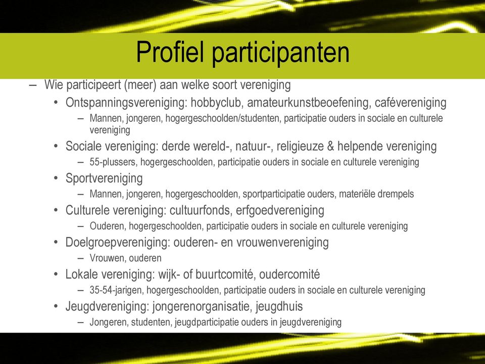 culturele vereniging Sportvereniging Mannen, jongeren, hogergeschoolden, sportparticipatie ouders, materiële drempels Culturele vereniging: cultuurfonds, erfgoedvereniging Ouderen, hogergeschoolden,