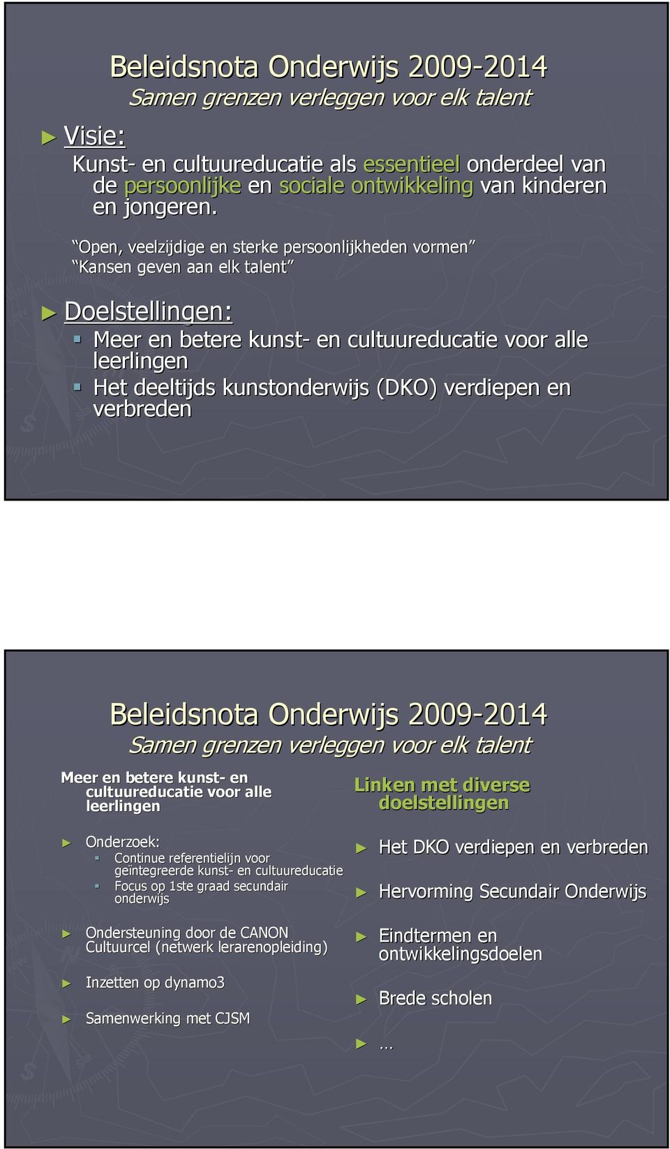 verdiepen en verbreden Beleidsnota Onderwijs -2014 2014 Samen grenzen verleggen voor elk talent Meer en betere kunst- en cultuureducatie voor alle Linken met diverse leerlingen doelstellingen