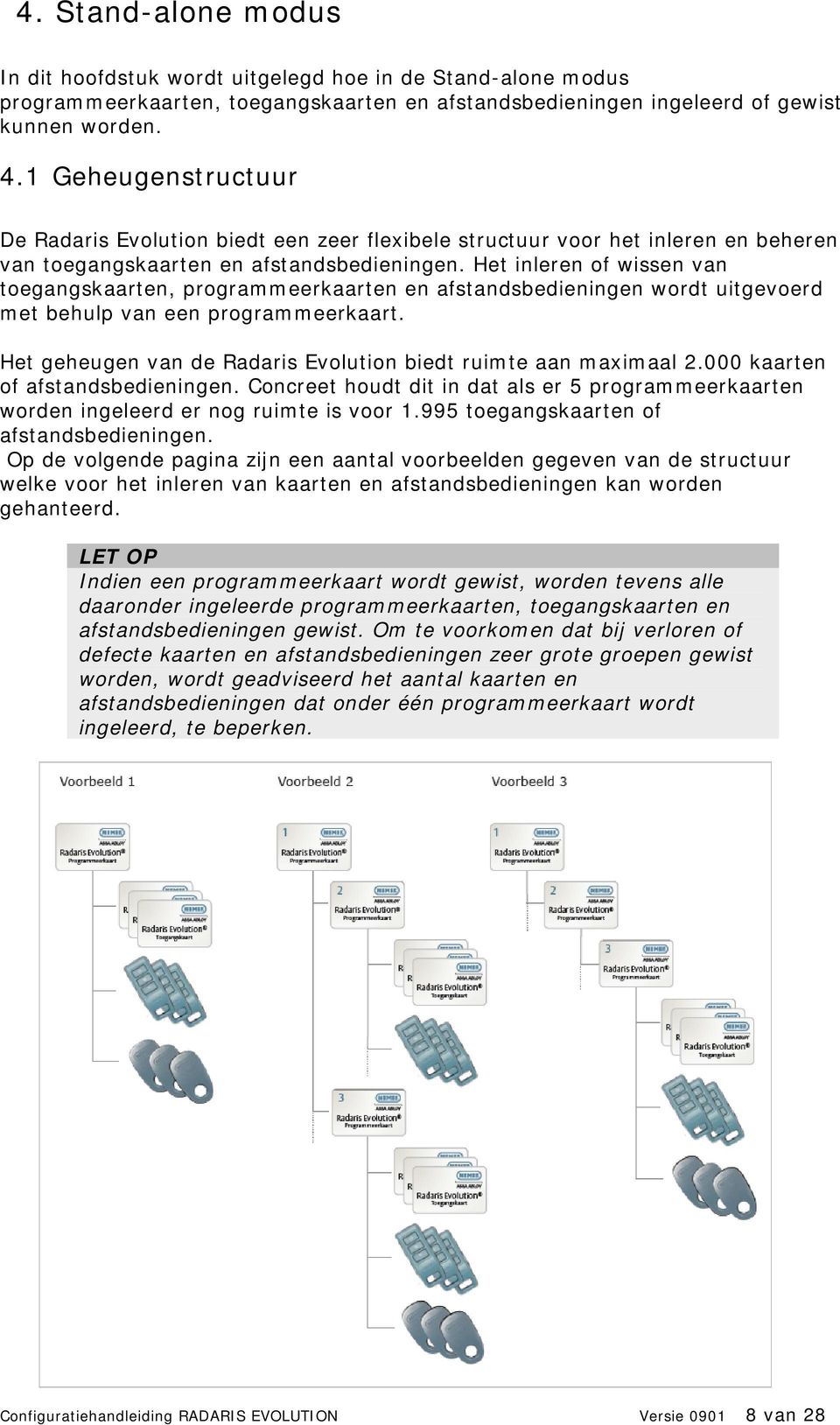 Het inleren of wissen van toegangskaarten, programmeerkaarten en afstandsbedieningen wordt uitgevoerd met behulp van een programmeerkaart.