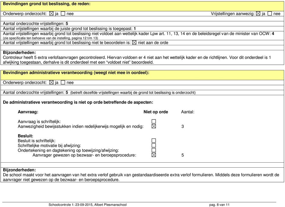 11, 13, 14 en de beleidsregel van de minister van OCW: 4 (zie specificatie ten behoeve van de instelling, pagina 12 t/m 13) Aantal vrijstellingen waarbij grond tot beslissing niet te beoordelen is: