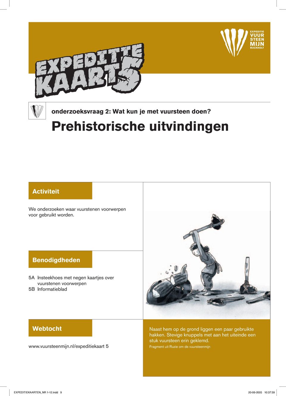 Benodigdheden 5A Insteekhoes met negen kaartjes over vuurstenen voorwerpen 5B Informatieblad Webtocht www.vuursteenmijn.