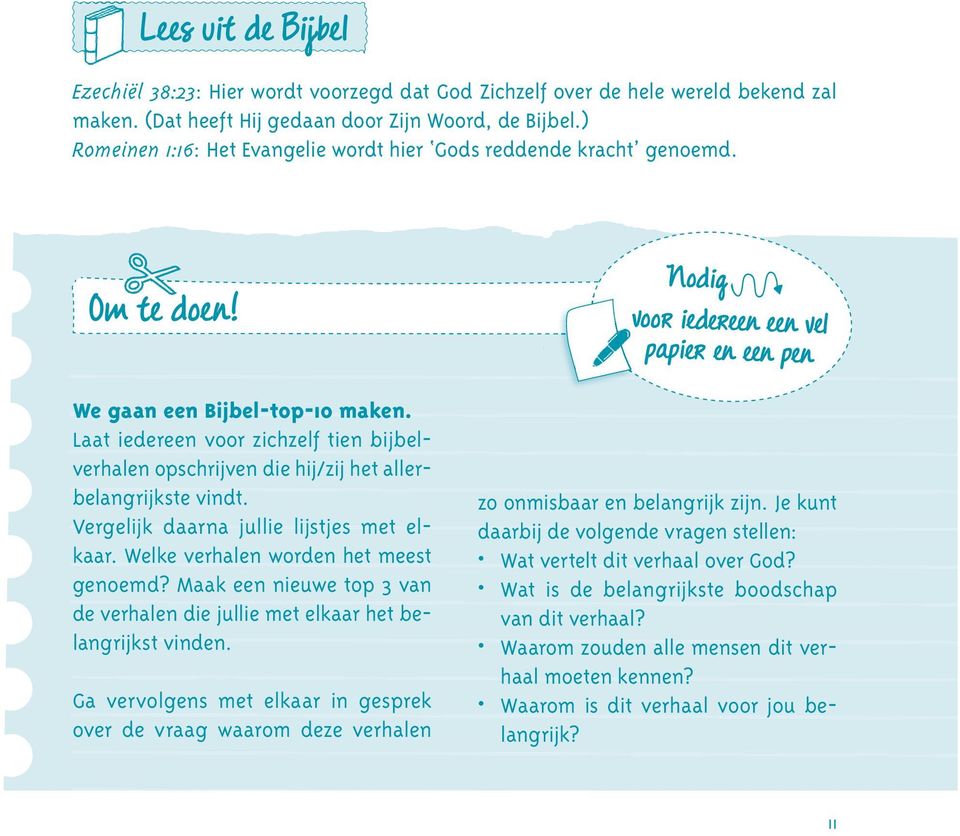 Laat iedereen voor zichzelf tien bijbelverhalen opschrijven die hij/zij het allerbelangrijkste vindt. Vergelijk daarna jullie lijstjes met elkaar. Welke verhalen worden het meest genoemd?