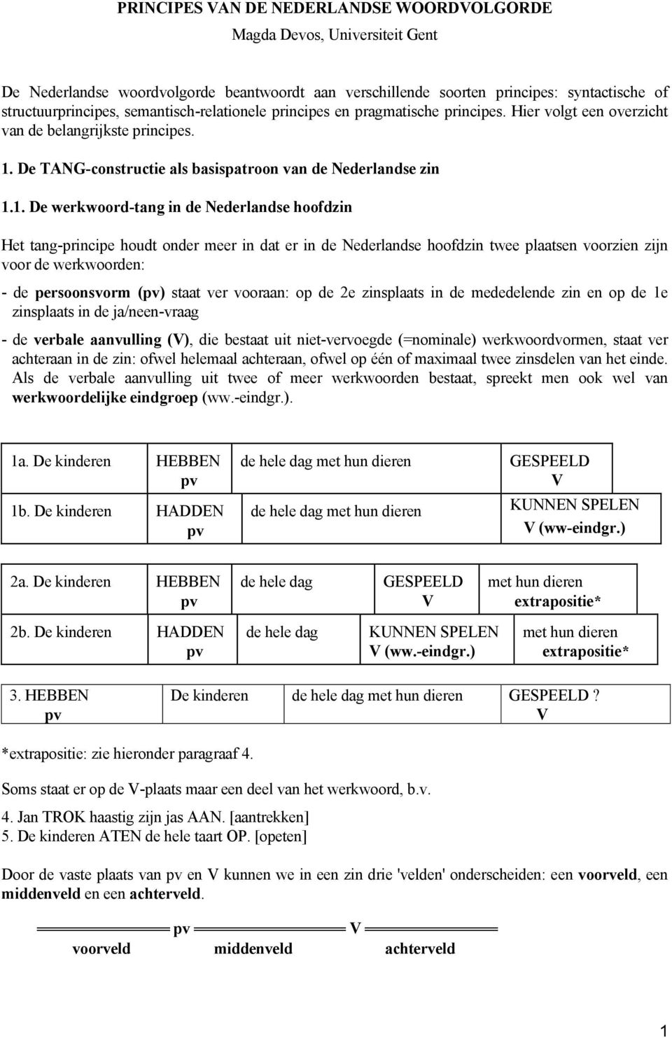De TANG-constructie als basispatroon van de Nederlandse zin 1.