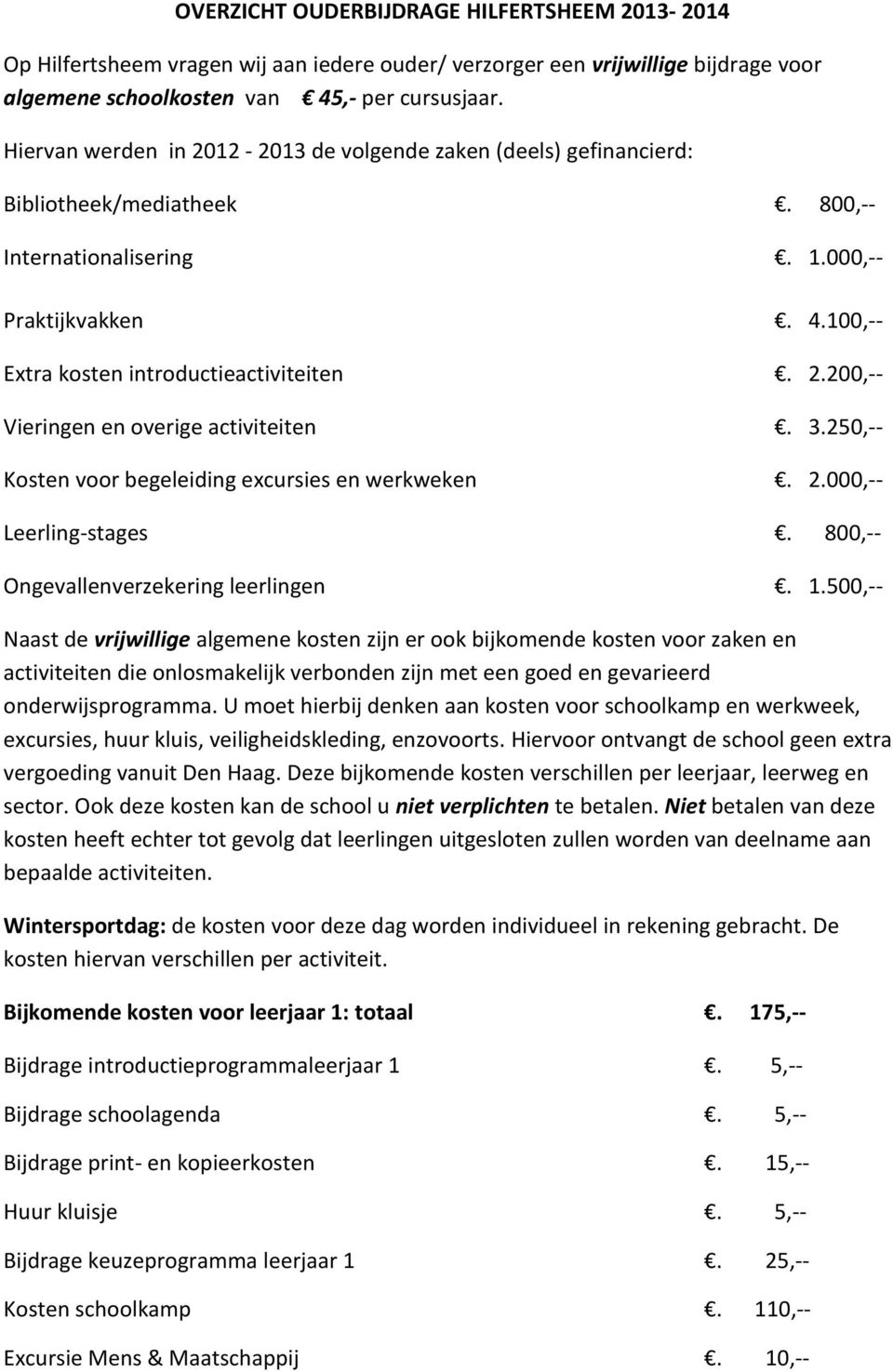 3.250,-- Kosten voor begeleiding excursies en werkweken. 2.000,-- Leerling-stages. 800,-- Ongevallenverzekering leerlingen. 1.