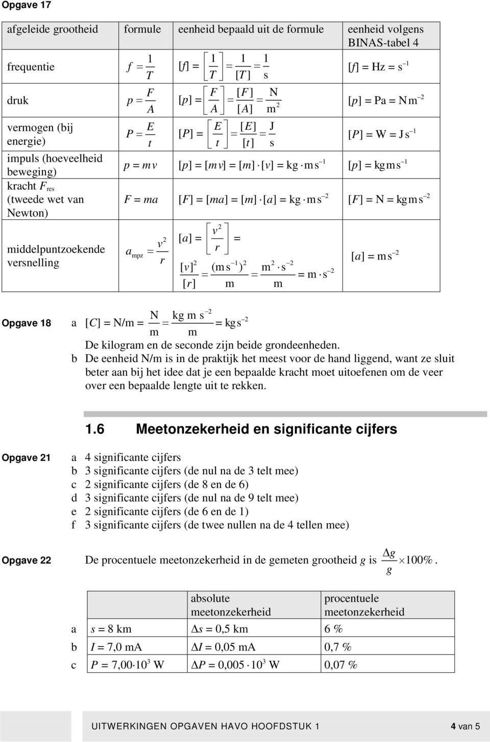 [ma] = [m] [a] = kg m s [F] = N = kg m s Newton) v middelpuntzoekende v [a] = ampz = r = versnelling r 1 [ v] (ms ) m s = = = m s [] r m m [a] = m s N kg m s Opgave 18 a [C] = N/m = = = kg s m m De