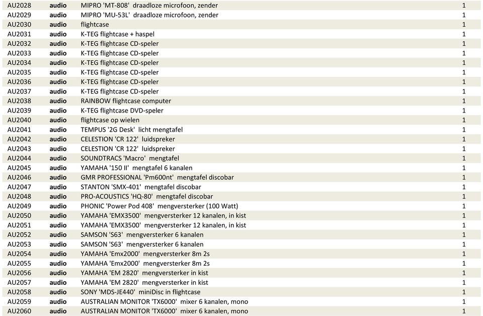 AU2037 audio K-TEG flightcase CD-speler 1 AU2038 audio RAINBOW flightcase computer 1 AU2039 audio K-TEG flightcase DVD-speler 1 AU2040 audio flightcase op wielen 1 AU2041 audio TEMPUS '2G Desk' licht