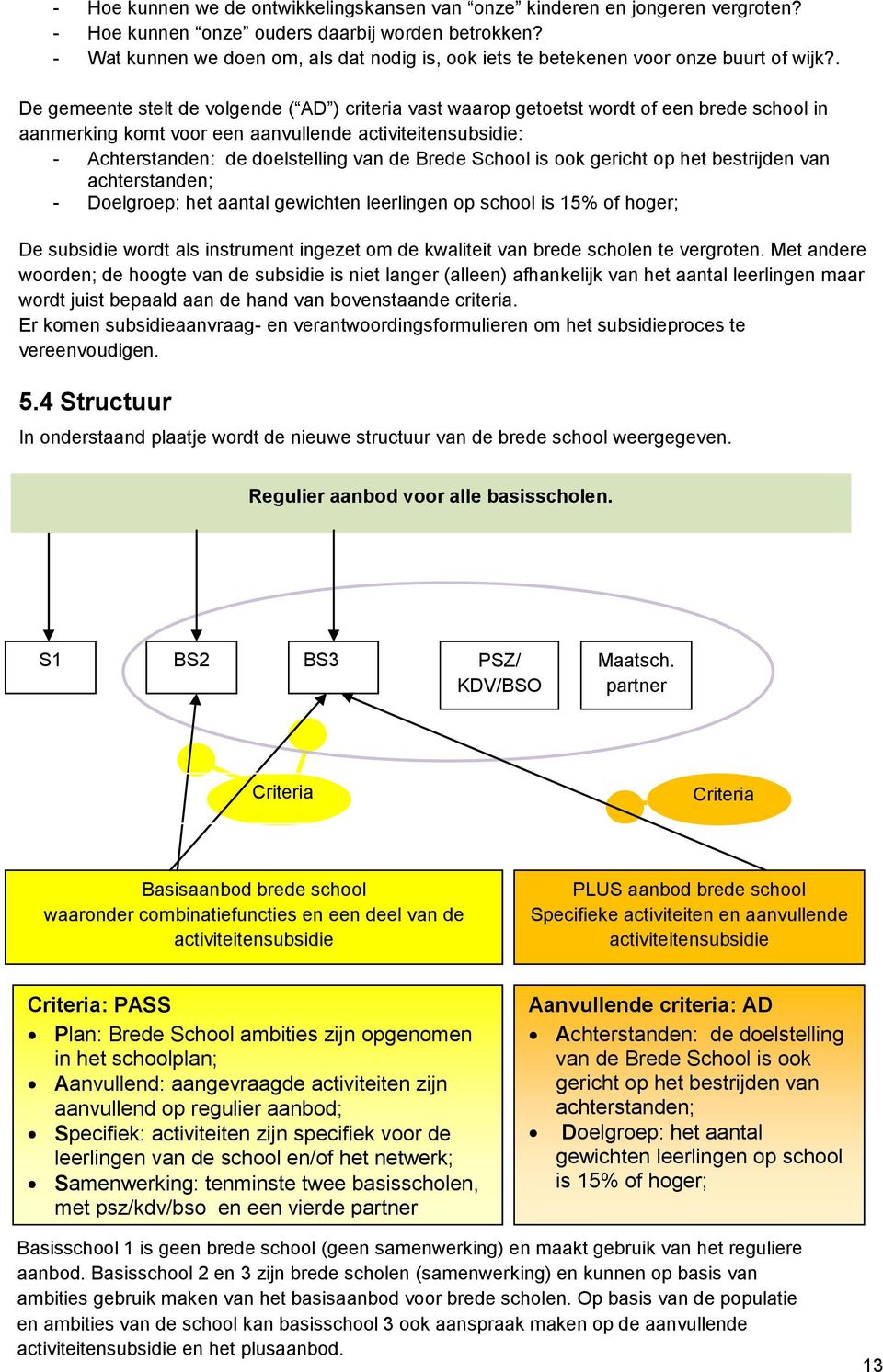 . De gemeente stelt de volgende ( AD ) criteria vast waarop getoetst wordt of een brede school in aanmerking komt voor een aanvullende activiteitensubsidie: - Achterstanden: de doelstelling van de