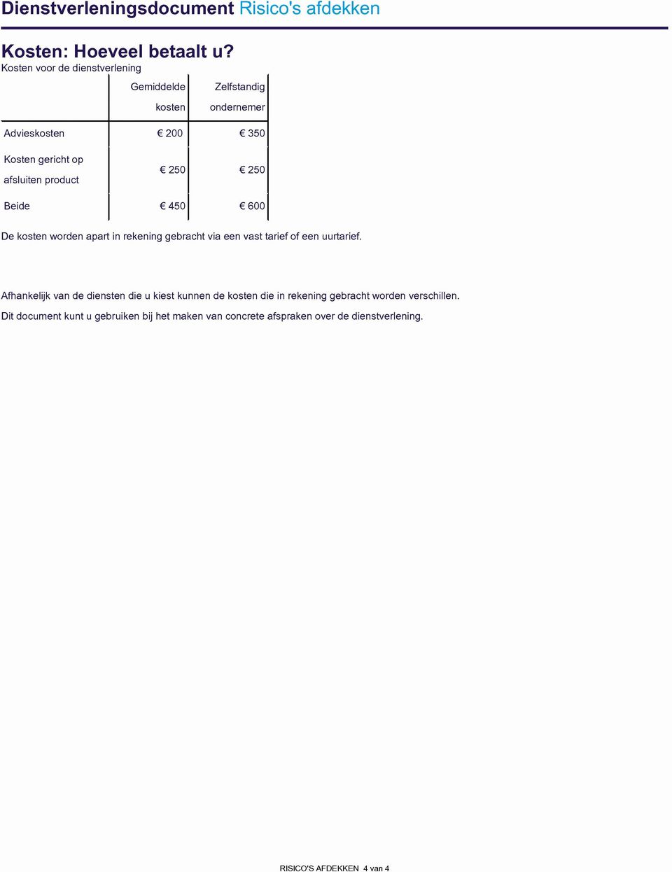 product 250 250 Beide 450 600 De kosten worden apart in rekening gebracht via een vast tarief of een uurtarief.