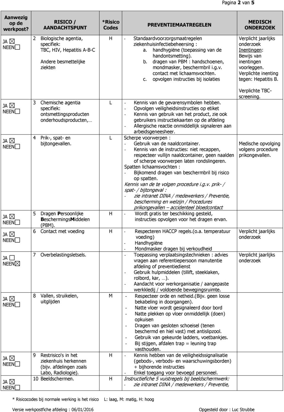 Verplichte inenting tegen: Hepatitis B. 3 Chemische agentia specifiek: ontsmettingsproducten onderhoudsproducten, 4 Prik-, spat- en bijtongevallen. 5 Dragen Persoonlijke BeschermingsMiddelen (PBM).