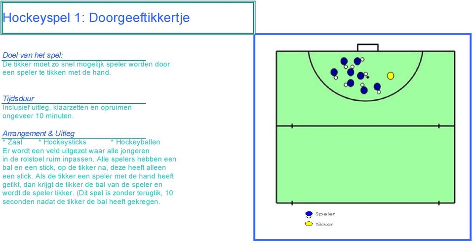 * Zaal * Hckeysticks * Hckeyballen Er wrdt een veld uitgezet waar alle jngeren in de rlstel ruim inpassen.