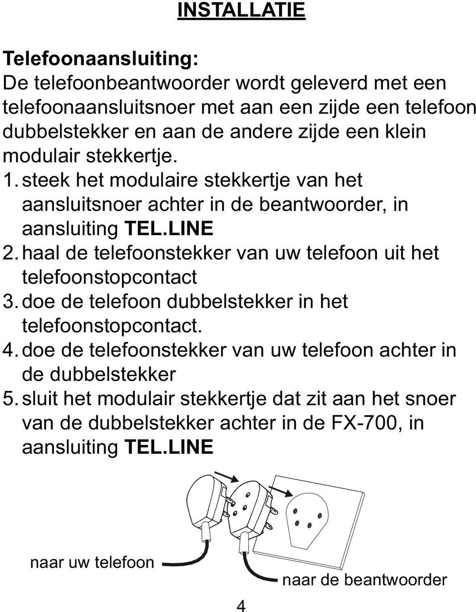 haal de telefoonstekker van uw telefoon uit het telefoonstopcontact 3. doe de telefoon dubbelstekker in het telefoonstopcontact. 4.