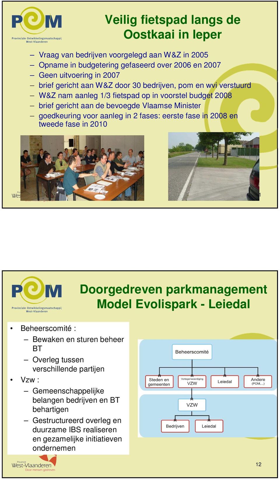 aanleg in 2 fases: eerste fase in 2008 en tweede fase in 2010 11 Doorgedreven parkmanagement Model Evolispark - Leiedal Beheerscomité : Bewaken en sturen beheer BT Overleg