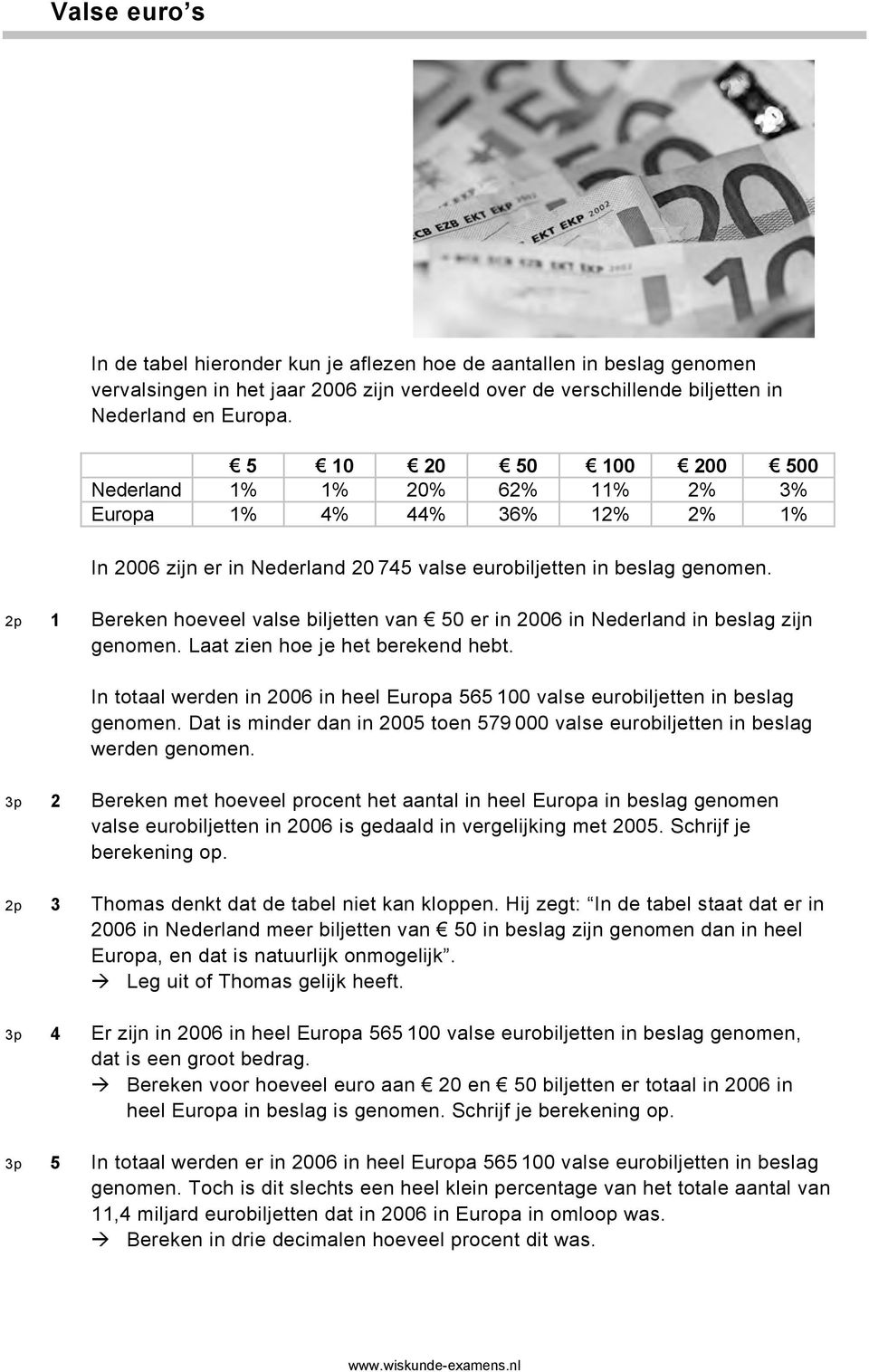 2p 1 Bereken hoeveel valse biljetten van 50 er in 2006 in Nederland in beslag zijn genomen. Laat zien hoe je het berekend hebt.