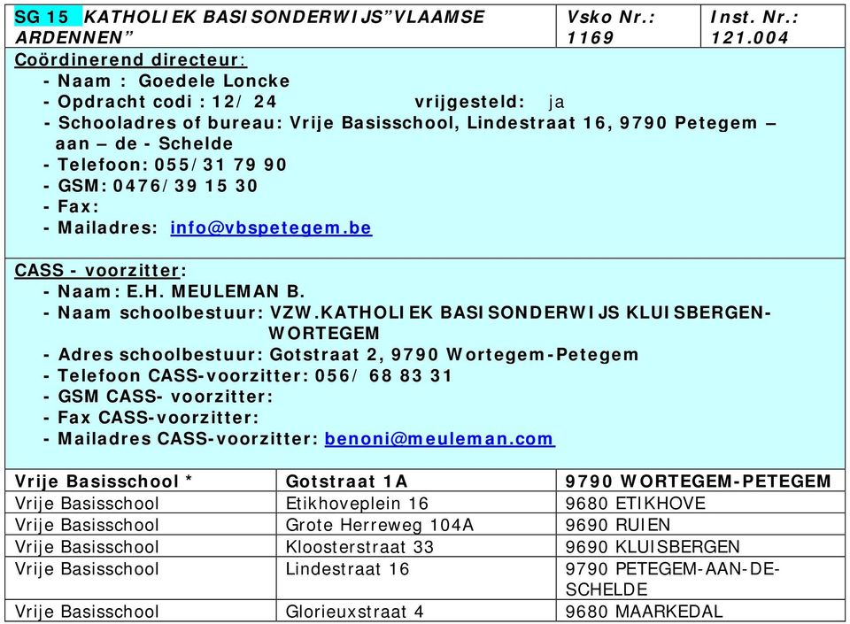 15 30 - Fax: - Mailadres: info@vbspetegem.be - Naam: E.H. MEULEMAN B. - Naam schoolbestuur: VZW.
