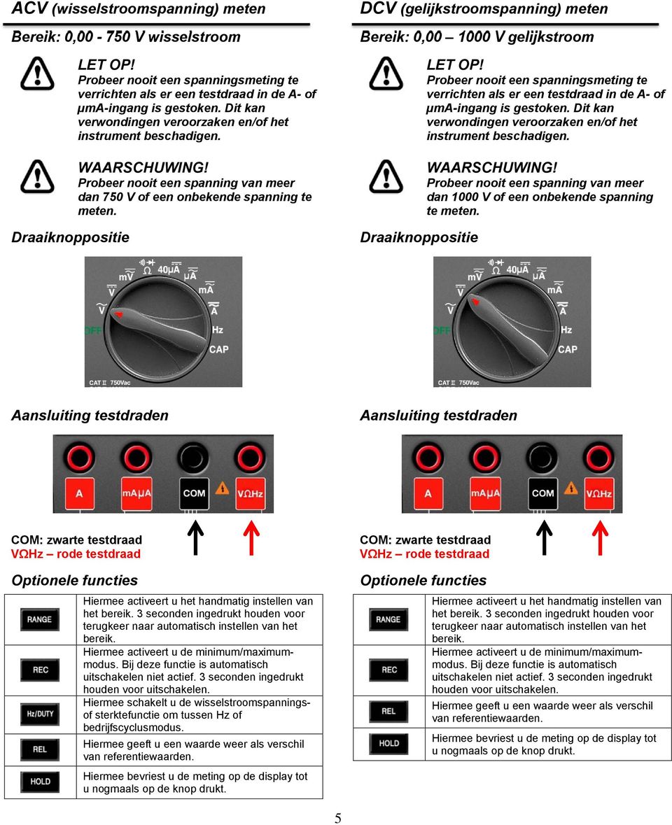 DCV (gelijkstroomspanning) meten Bereik: 0,00 1000 V gelijkstroom Probeer nooit een spanning van meer dan 1000 V of