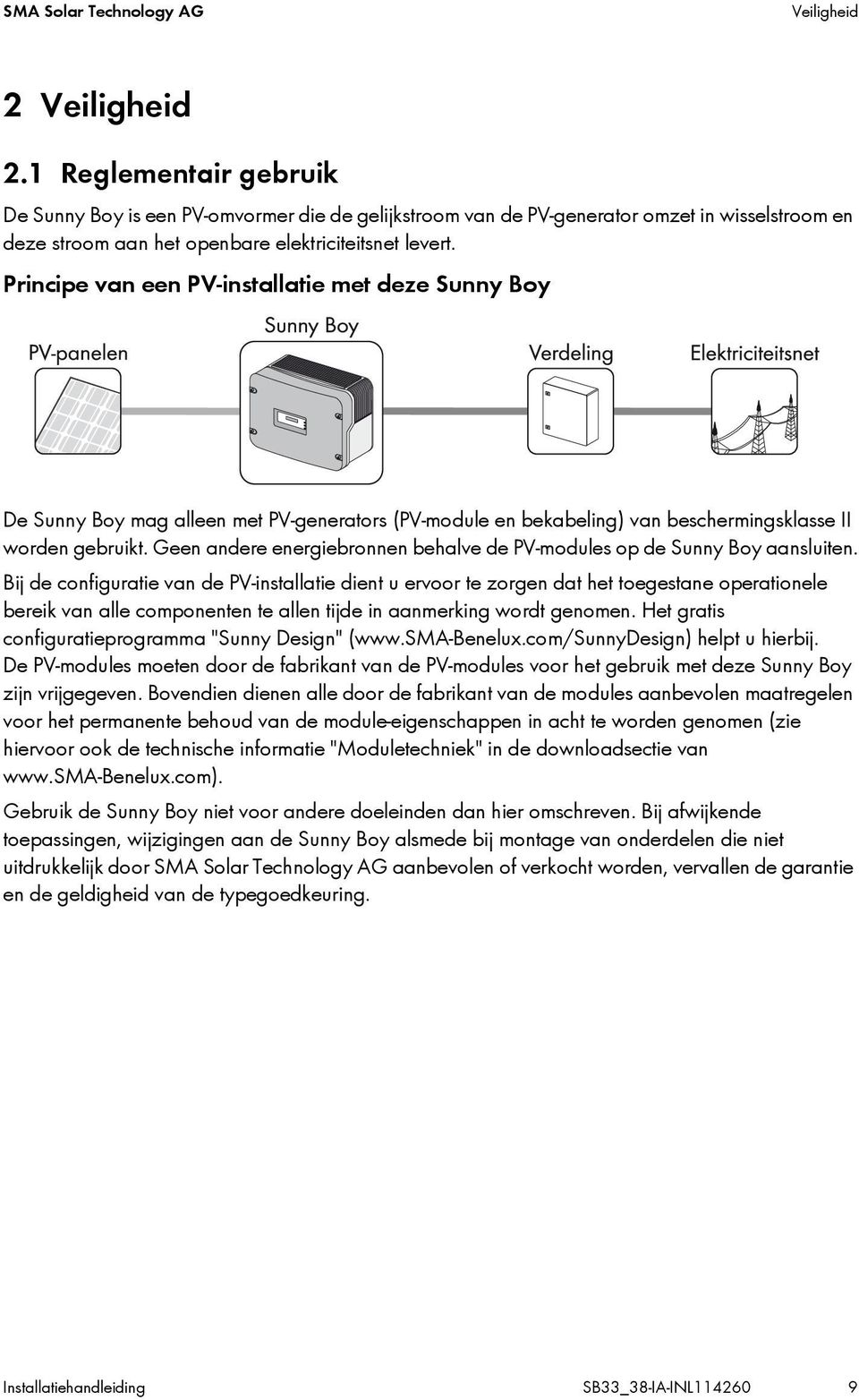 Principe van een PV-installatie met deze Sunny Boy De Sunny Boy mag alleen met PV-generators (PV-module en bekabeling) van beschermingsklasse II worden gebruikt.
