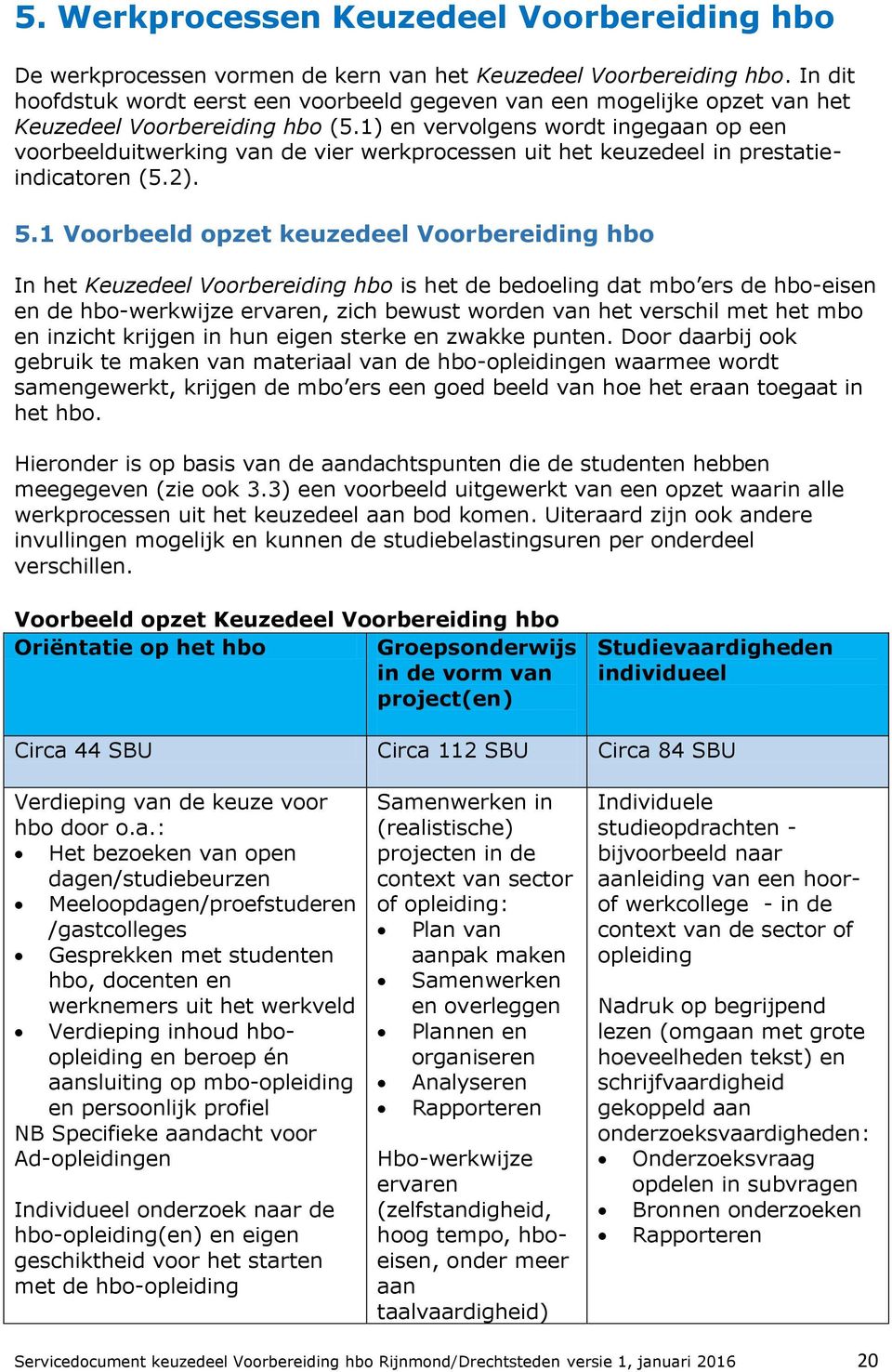 1) en vervolgens wordt ingegaan op een voorbeelduitwerking van de vier werkprocessen uit het keuzedeel in prestatieindicatoren (5.2). 5.