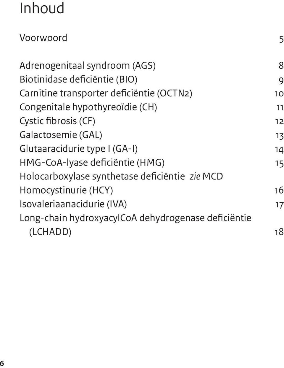 Glutaaracidurie type I (GA-I) 14 HMG-CoA-lyase deficiëntie (HMG) 15 Holocarboxylase synthetase deficiëntie zie