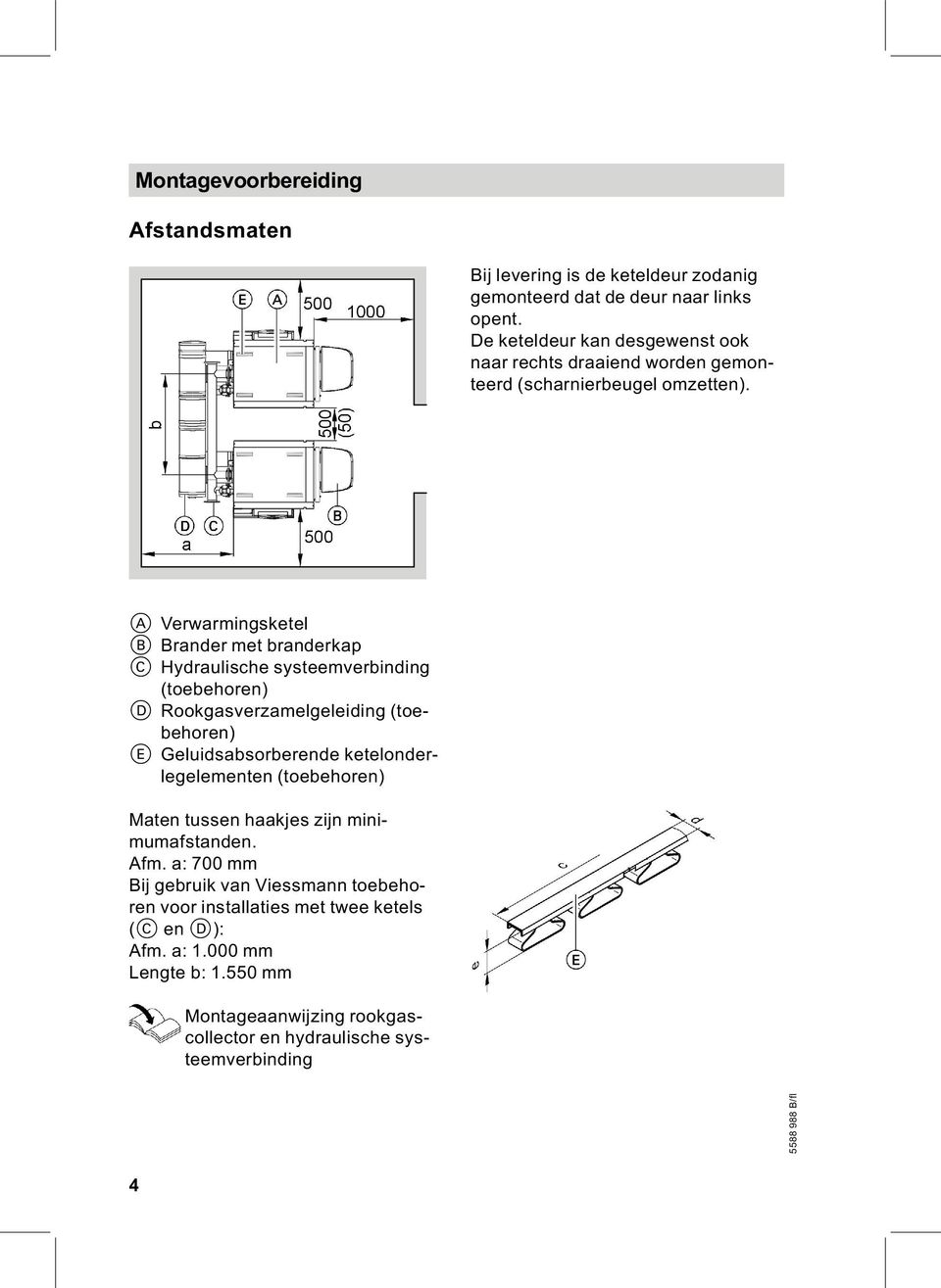 A Verwarmingsketel B Brander met branderkap C Hydraulische systeemverbinding (toebehoren) D Rookgasverzamelgeleiding (toebehoren) E Geluidsabsorberende