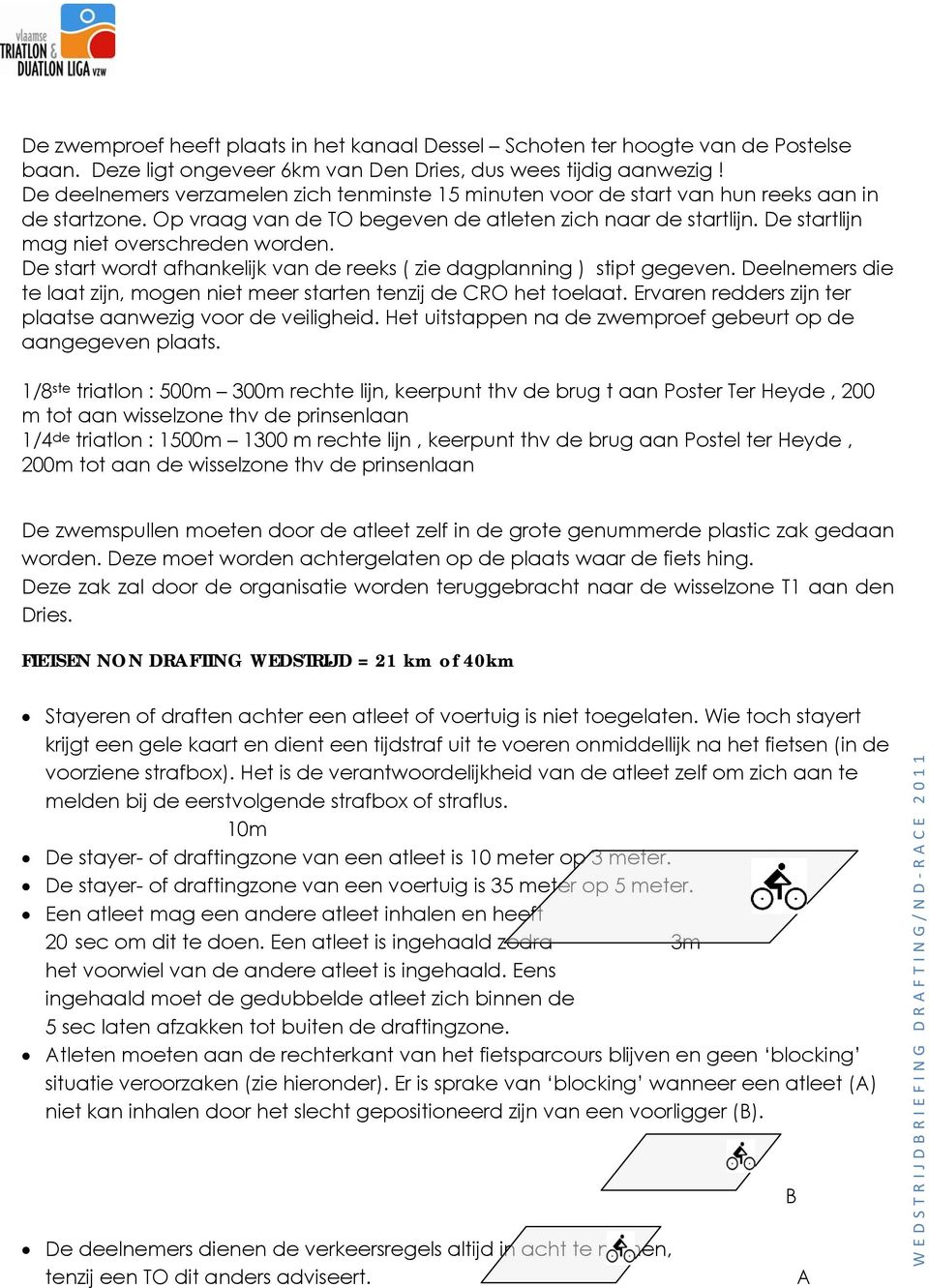 De startlijn mag niet overschreden worden. De start wordt afhankelijk van de reeks ( zie dagplanning ) stipt gegeven. Deelnemers die te laat zijn, mogen niet meer starten tenzij de CRO het toelaat.