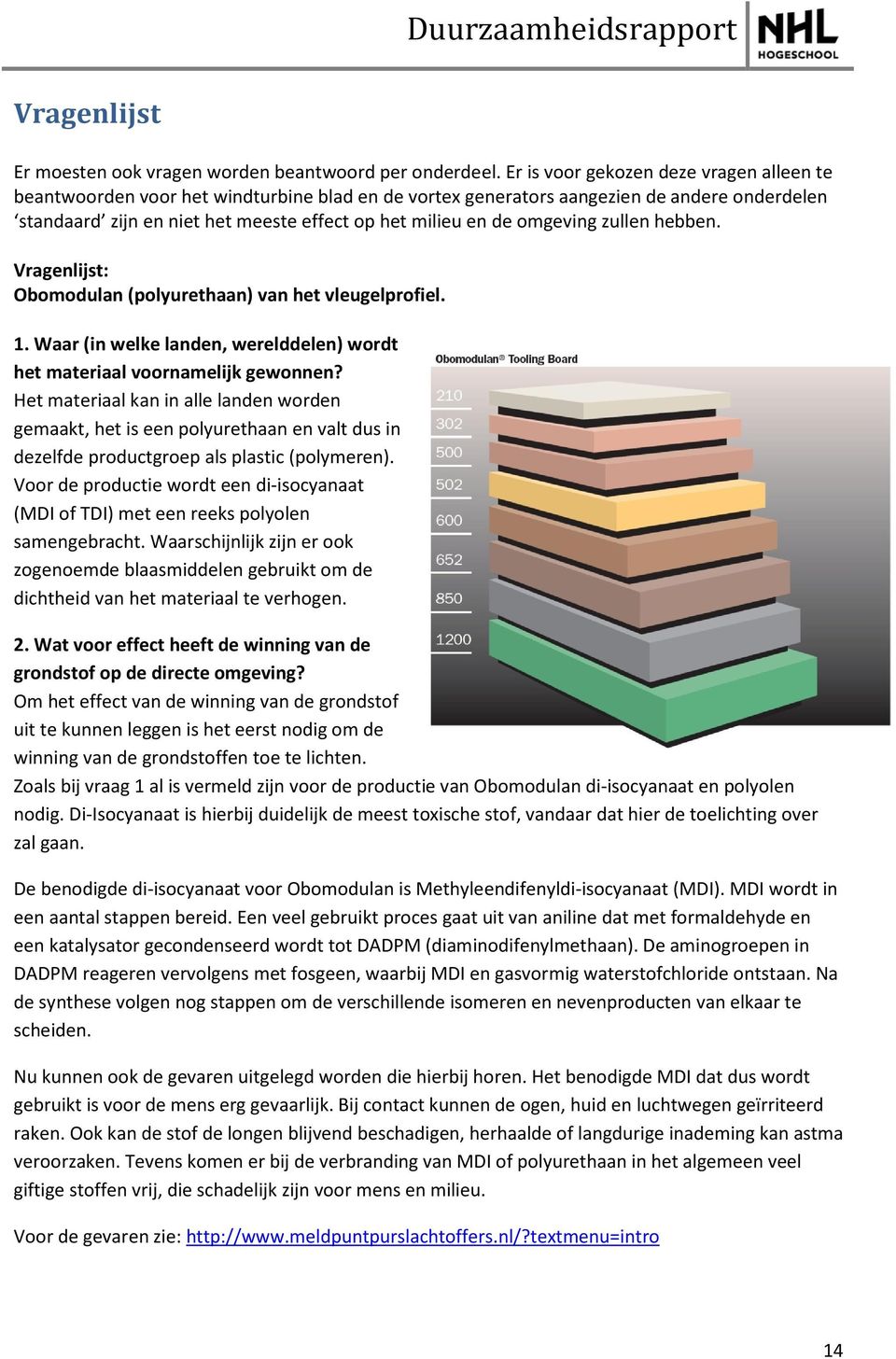 omgeving zullen hebben. Vragenlijst: Obomodulan (polyurethaan) van het vleugelprofiel. 1. Waar (in welke landen, werelddelen) wordt het materiaal voornamelijk gewonnen?