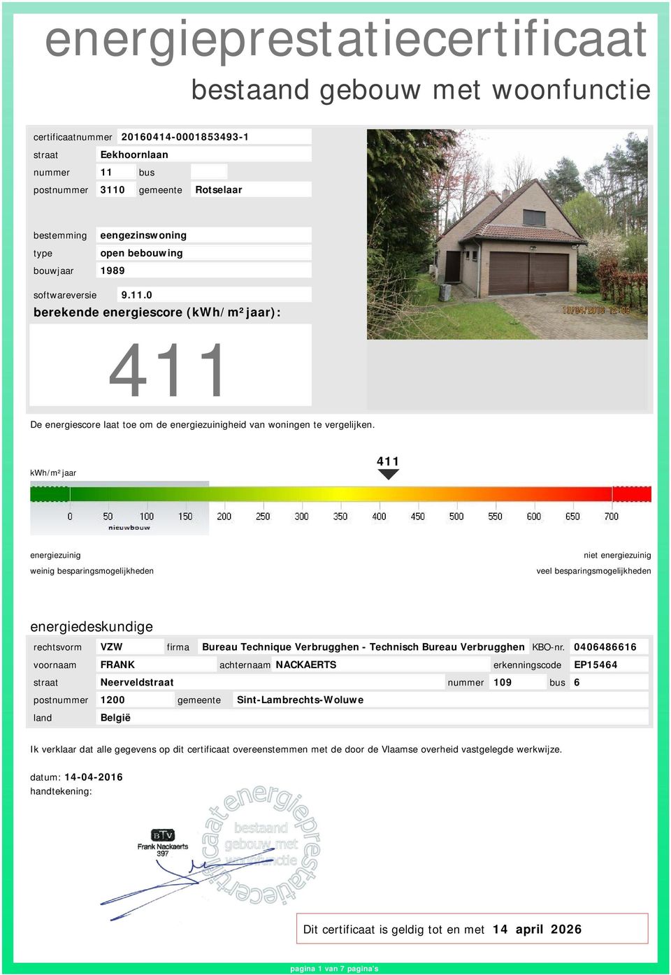 0 berekende energiescore (kwh/m²ar): 411 De energiescore laat toe om de energiezuinigheid van woningen te vergelijken.