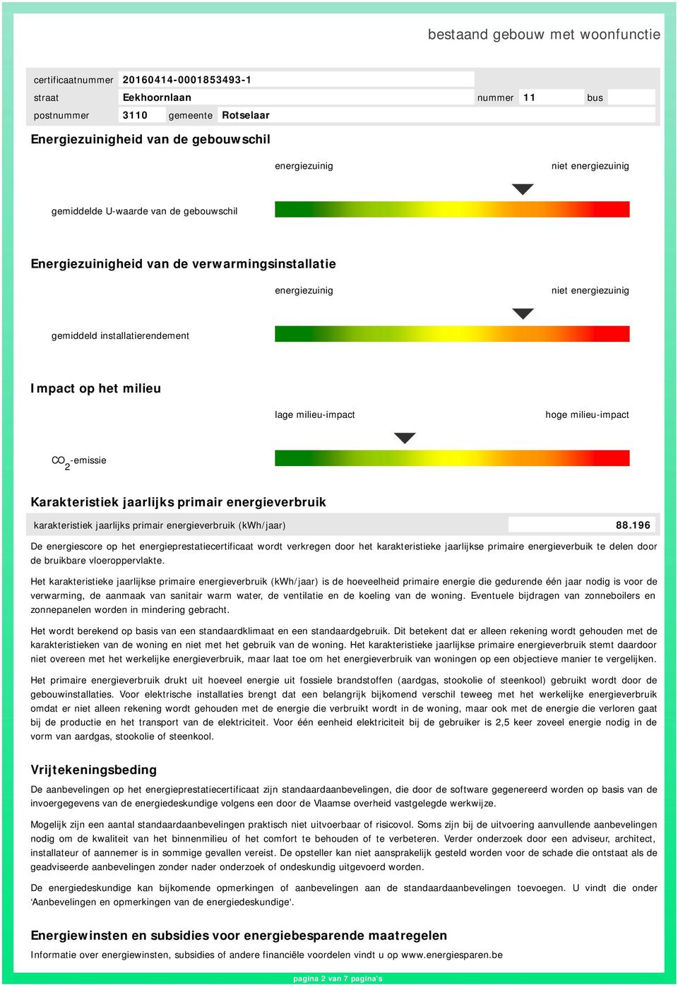 196 De energiescore op het energieprestatiecertificaat wordt verkregen door het karakteristieke arlijkse primaire energieverbuik te delen door de bruikbare vloeroppervlakte.