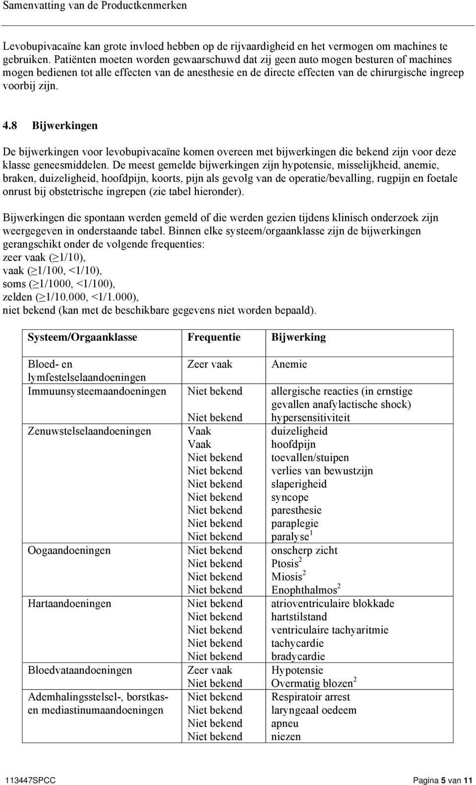 8 Bijwerkingen De bijwerkingen voor levobupivacaïne komen overeen met bijwerkingen die bekend zijn voor deze klasse geneesmiddelen.