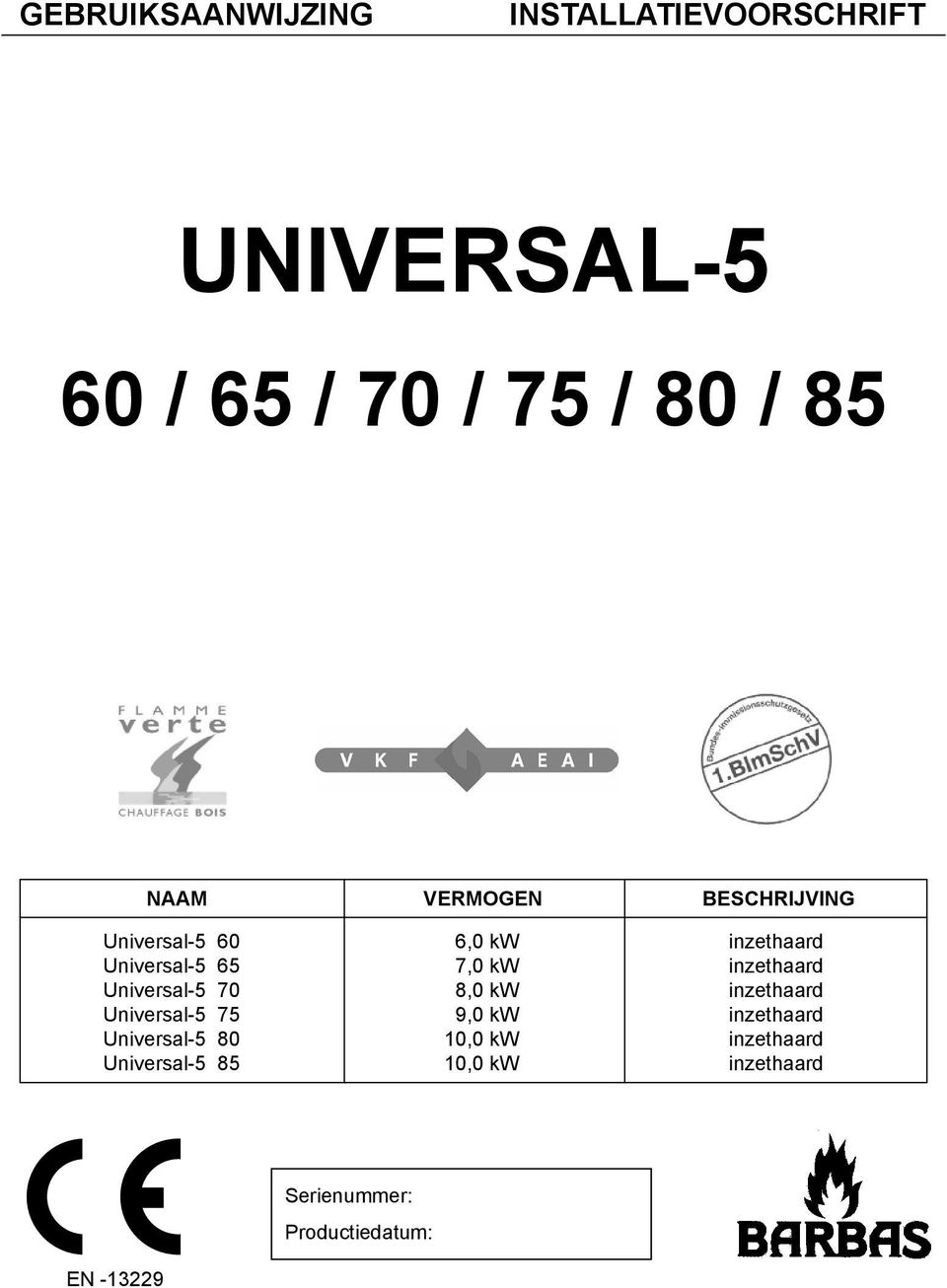 inzethaard Universal-5 70 8,0 kw inzethaard Universal-5 75 9,0 kw inzethaard