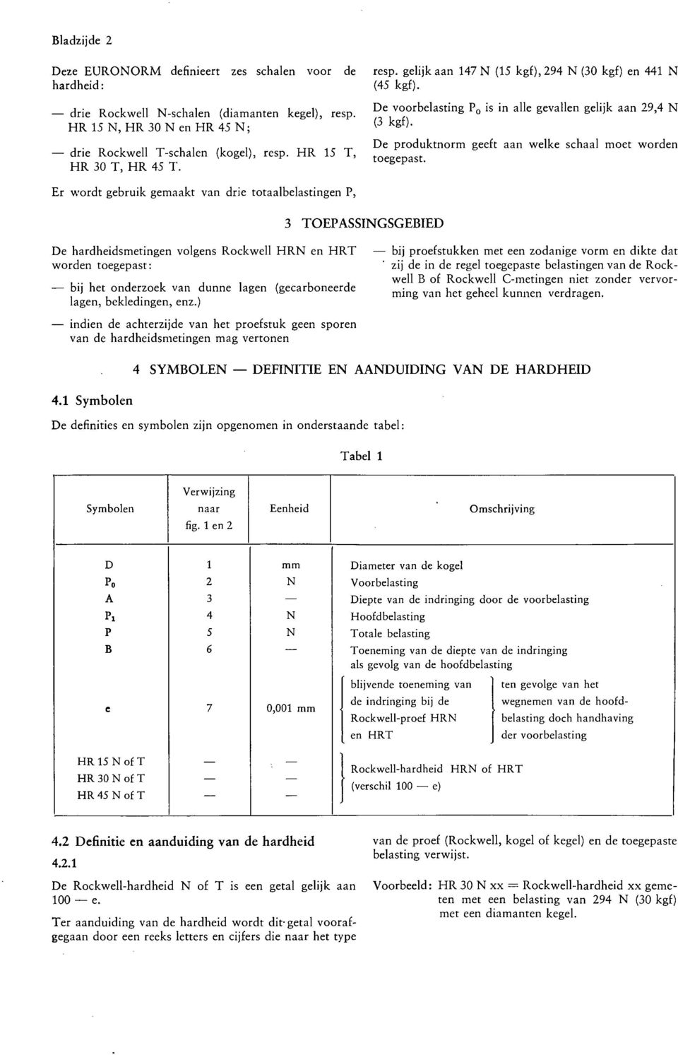 Er wordt gebruik gemaakt van drie totaalbelastingen P, 3 TOEPASSNGSGEBED De voorbelasting P is in alle gevallen gelijk aan 29,4 N (3 kgf). De produktnorm geeft aan welke schaal moet worden toegepast.