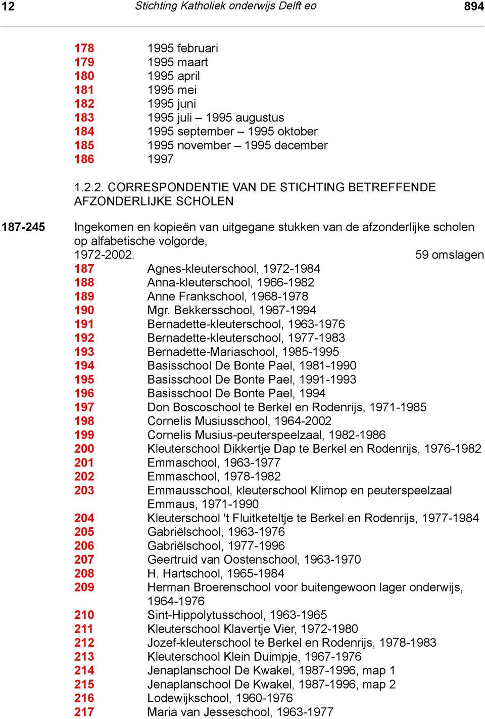 2. CORRESPONDENTIE VAN DE STICHTING BETREFFENDE AFZONDERLIJKE SCHOLEN 187-245 Ingekomen en kopieën van uitgegane stukken van de afzonderlijke scholen op alfabetische volgorde, 1972-2002.