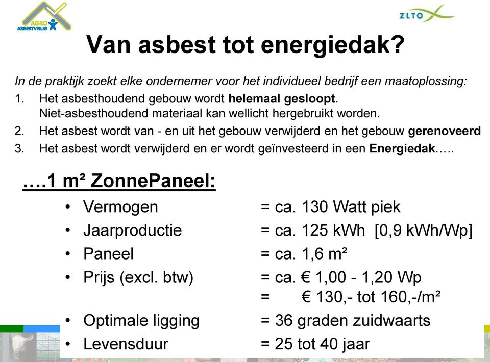 Het asbest wordt van - en uit het gebouw verwijderd en het gebouw gerenoveerd 3. Het asbest wordt verwijderd en er wordt geïnvesteerd in een Energiedak.