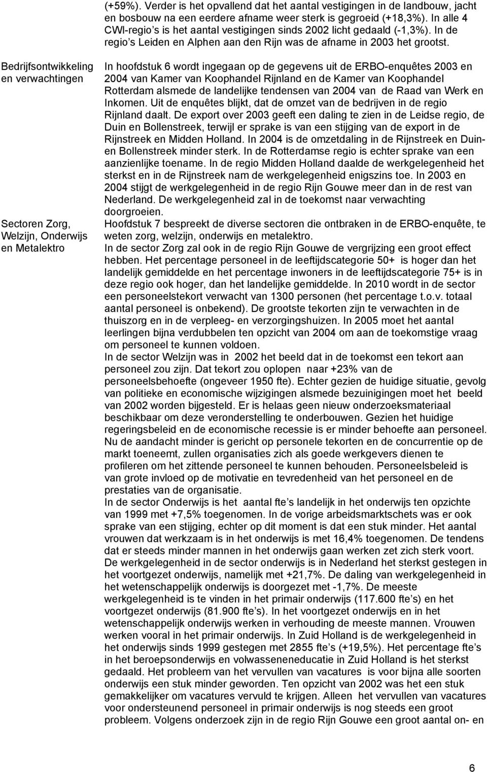 Bedrijfsontwikkeling en verwachtingen Sectoren Zorg, Welzijn, Onderwijs en Metalektro In hoofdstuk 6 wordt ingegaan op de gegevens uit de ERBO-enquêtes 2003 en 2004 van Kamer van Koophandel Rijnland