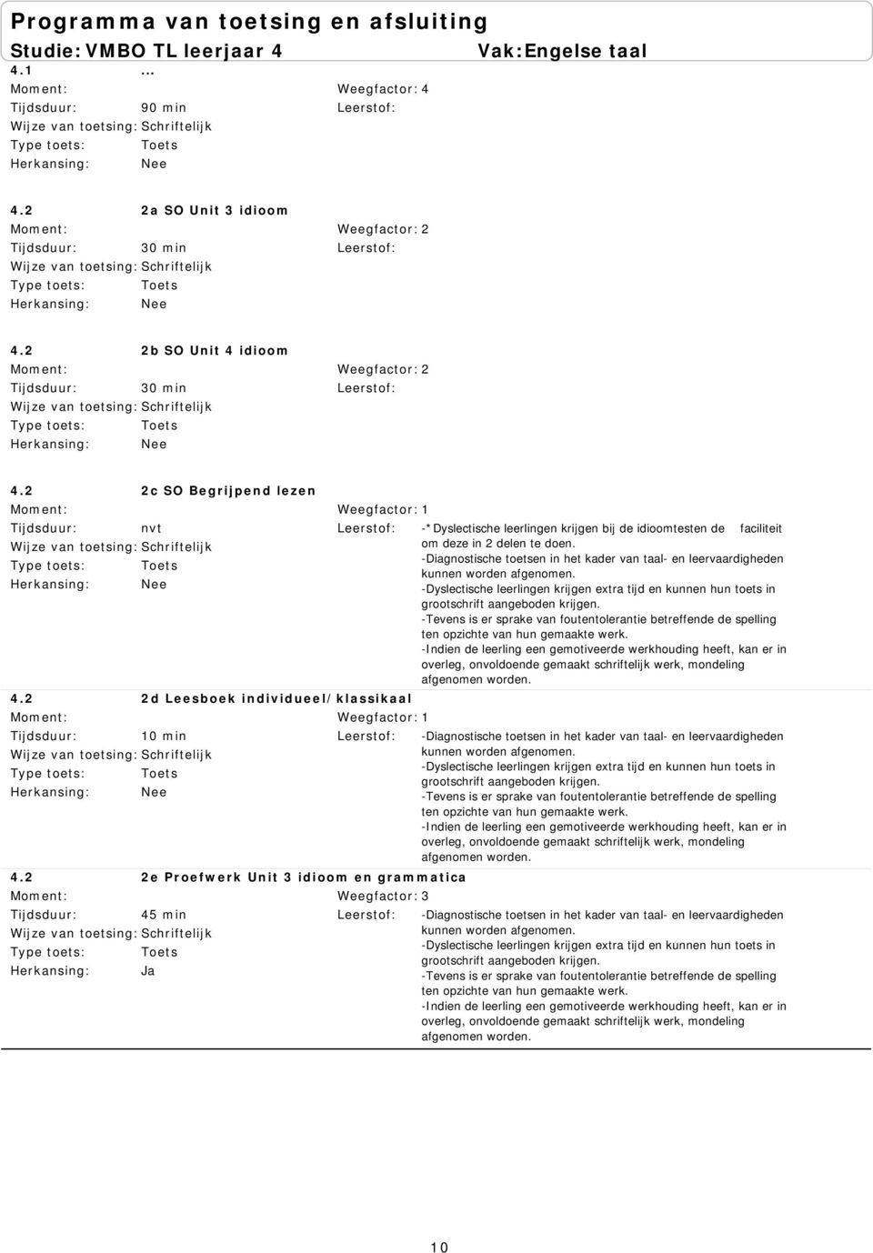 -Diagnostische toetsen in het kader van taal- en leervaardigheden kunnen worden afgenomen. -Dyslectische leerlingen krijgen extra tijd en kunnen hun toets in grootschrift aangeboden krijgen.