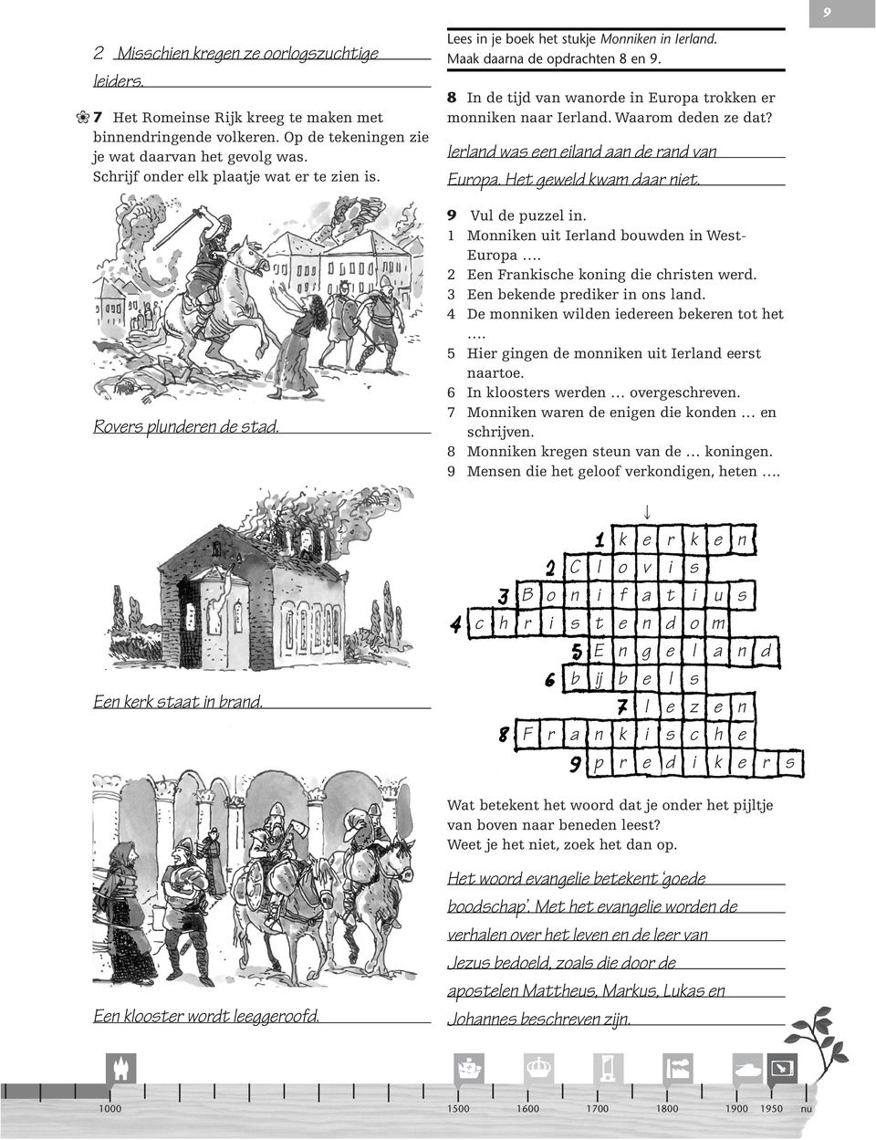 8 In de tijd van wanorde in Europa trokken er monniken naar Ierland. Waarom deden ze dat? Ierland was een eiland aan de rand van Europa. Het geweld kwam daar niet. 9 Vul de puzzel in.