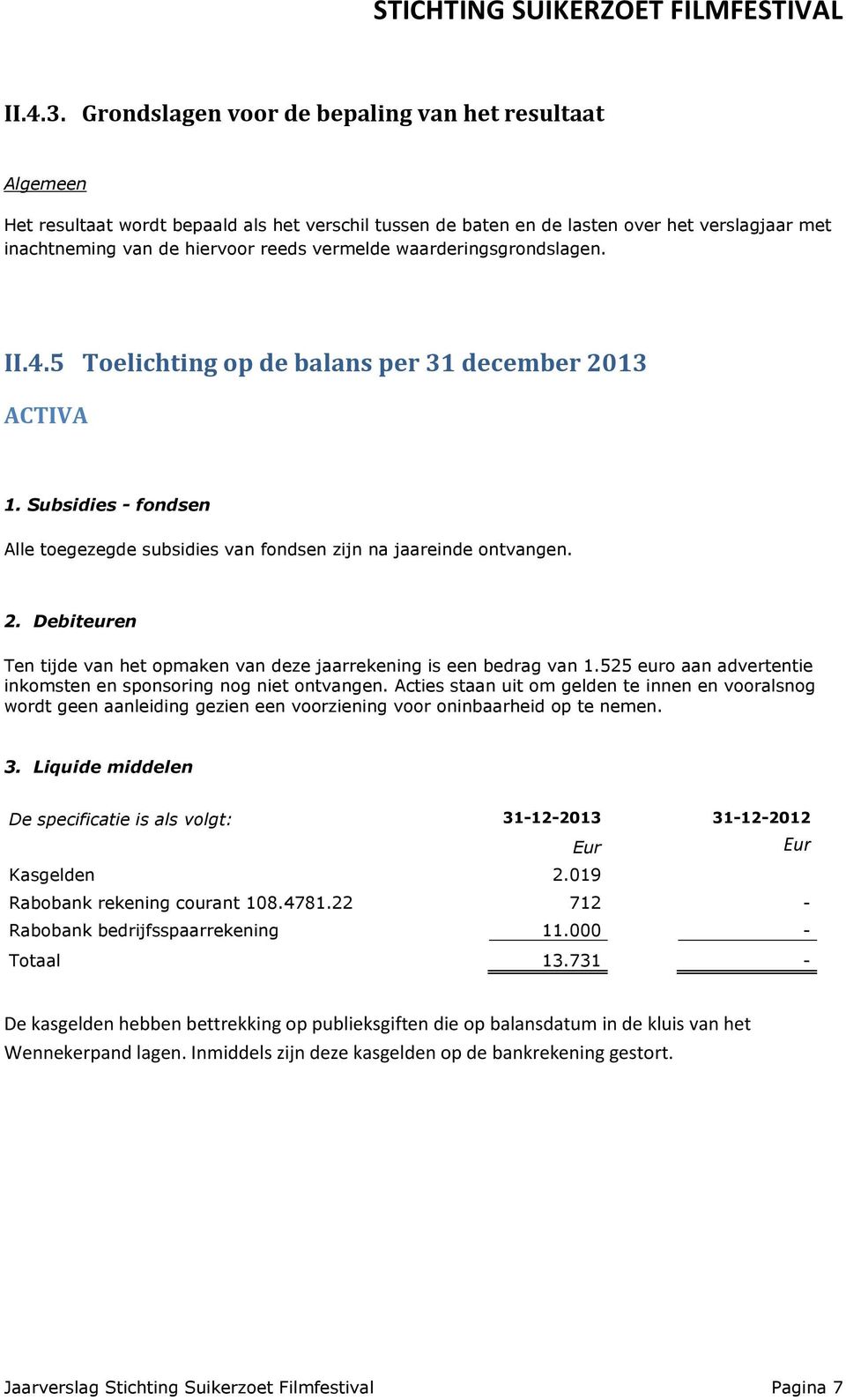 waarderingsgrondslagen. II.4.5 Toelichting op de balans per 31 december 2013 ACTIVA 1. Subsidies - fondsen Alle toegezegde subsidies van fondsen zijn na jaareinde ontvangen. 2. Debiteuren Ten tijde van het opmaken van deze jaarrekening is een bedrag van 1.
