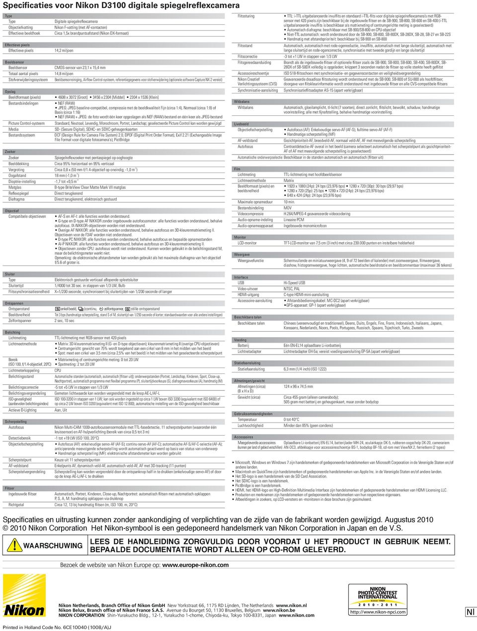 brandpuntsafstand (Nikon DX-formaat) 14,2 miljoen CMOS-sensor van 23,1 x 15,4 mm 14,8 miljoen Beeldsensorreiniging, Airflow Control-systeem, referentiegegevens voor stofverwijdering (optionele