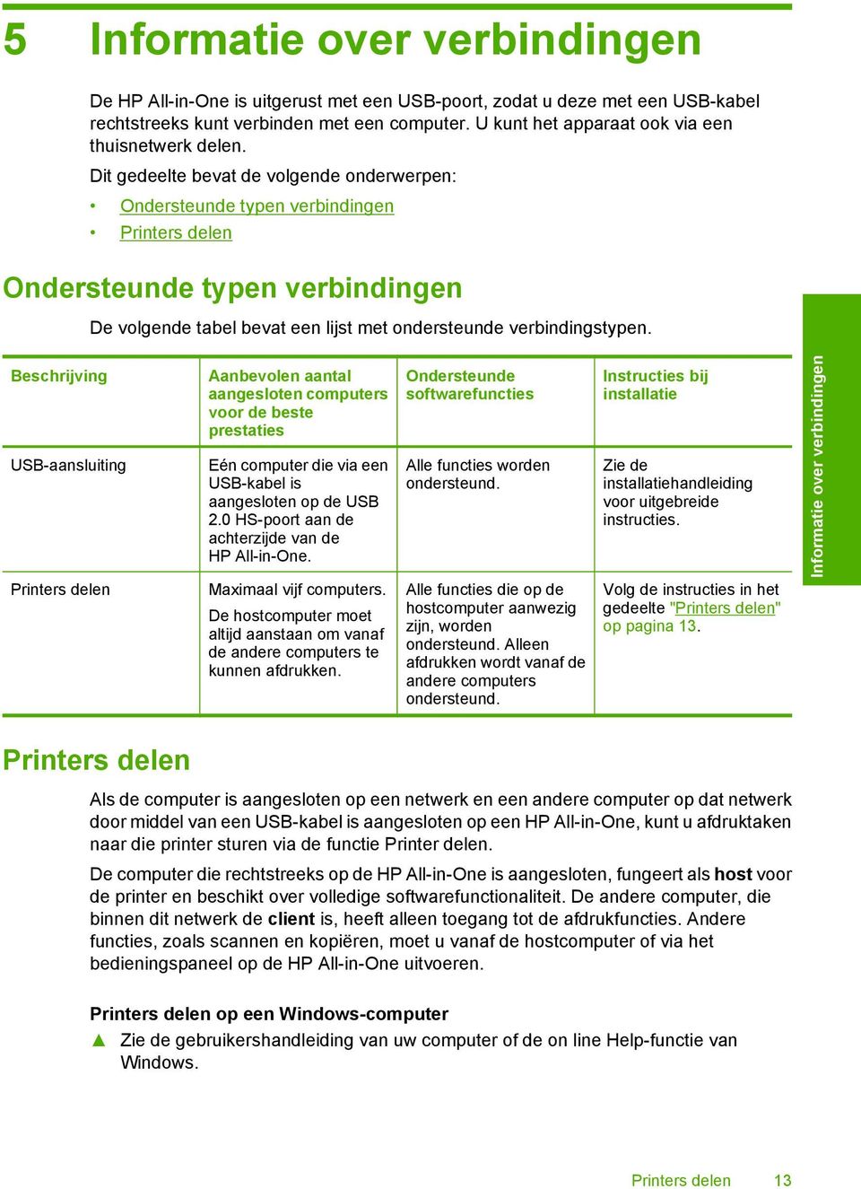 Dit gedeelte bevat de volgende onderwerpen: Ondersteunde typen verbindingen Printers delen Ondersteunde typen verbindingen De volgende tabel bevat een lijst met ondersteunde verbindingstypen.