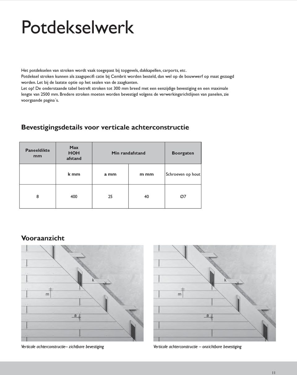 De onderstaande tabel betreft stroken tot 300 mm breed met een eenzijdige bevestiging en een maximale lengte van 2500 mm.