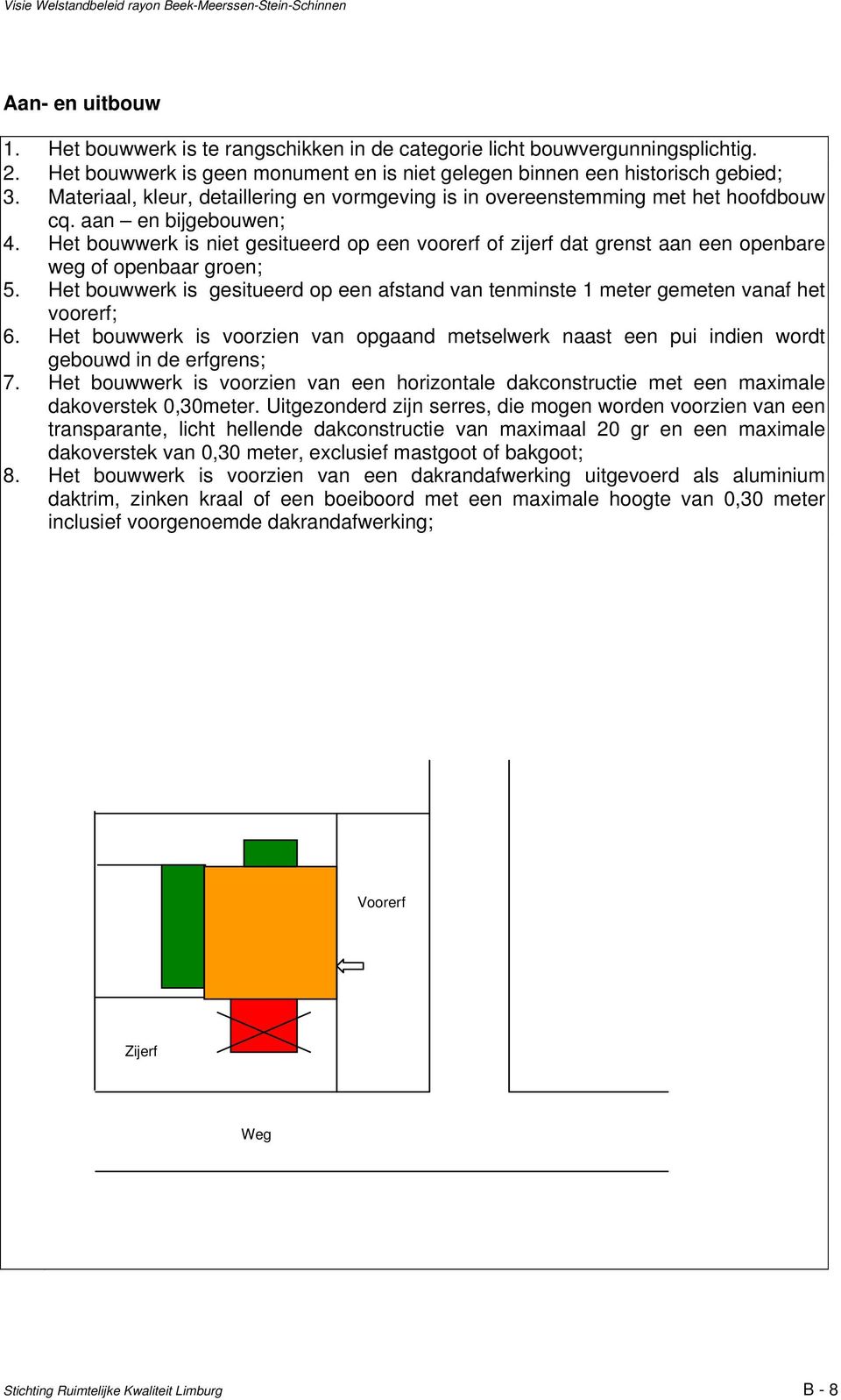 Het bouwwerk is gesitueerd op een afstand van tenminste 1 meter gemeten vanaf het voorerf; 6. Het bouwwerk is voorzien van opgaand metselwerk naast een pui indien wordt gebouwd in de erfgrens; 7.