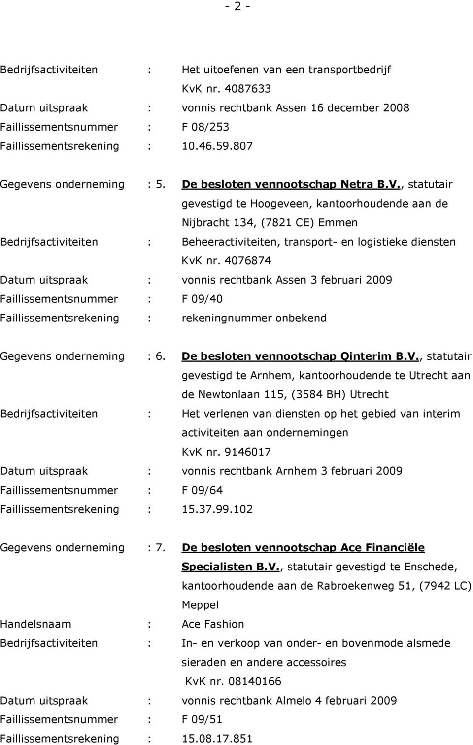, statutair gevestigd te Hoogeveen, kantoorhoudende aan de Nijbracht 134, (7821 CE) Emmen Bedrijfsactiviteiten : Beheeractiviteiten, transport- en logistieke diensten KvK nr.