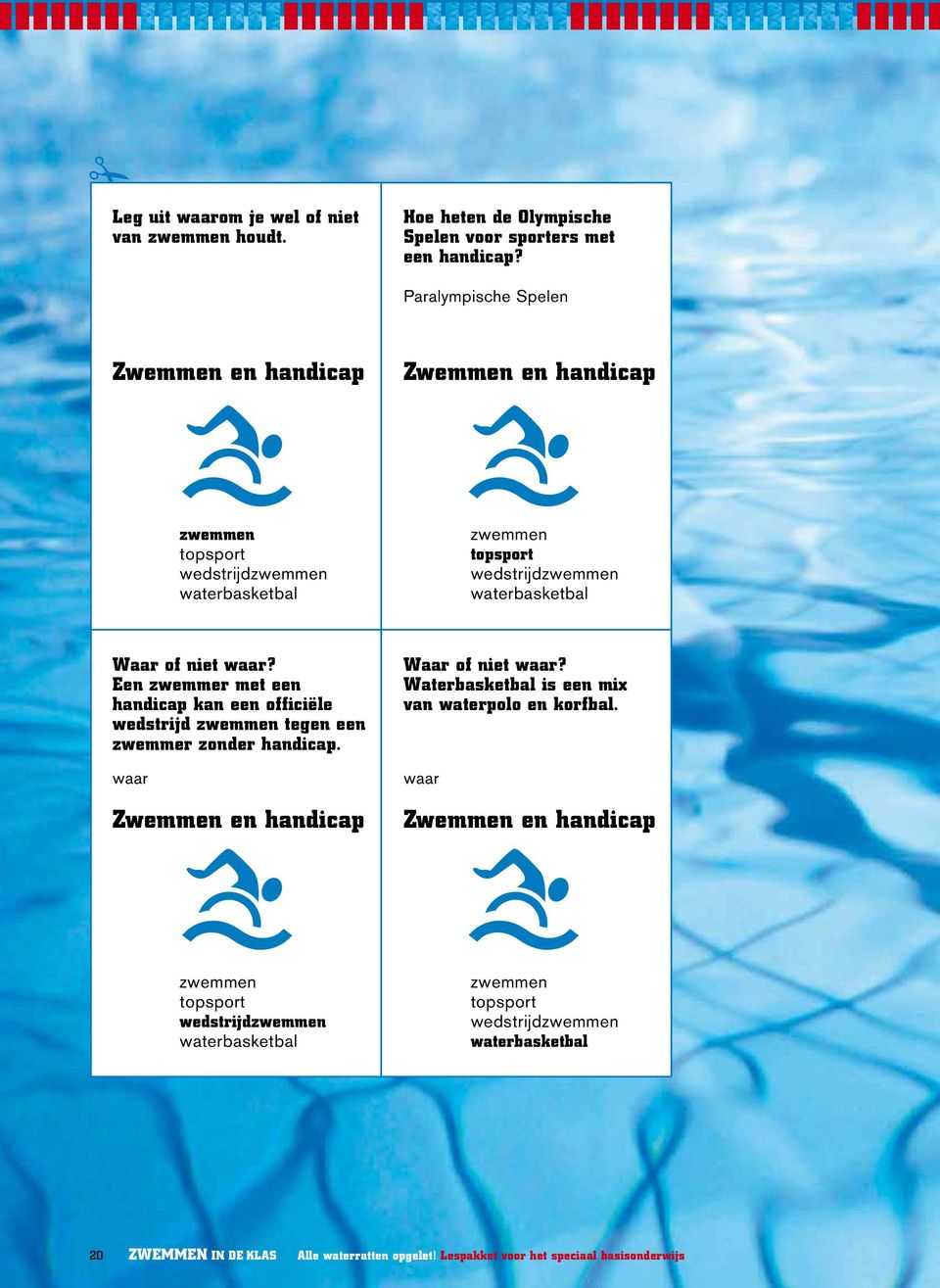 waar? Een zwemmer met een handicap kan een officiële wedstrijd zwemmen tegen een zwemmer zonder handicap. waar Zwemmen en handicap Waar of niet waar?